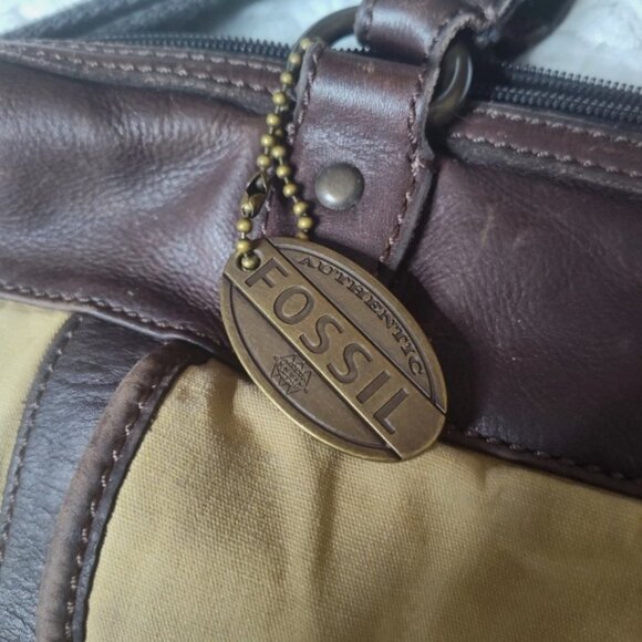 Fossil Cow Hide Leather Canvas Double Handle Laptop Messenger Crossbody Bag Tote - Picture 2 of 8